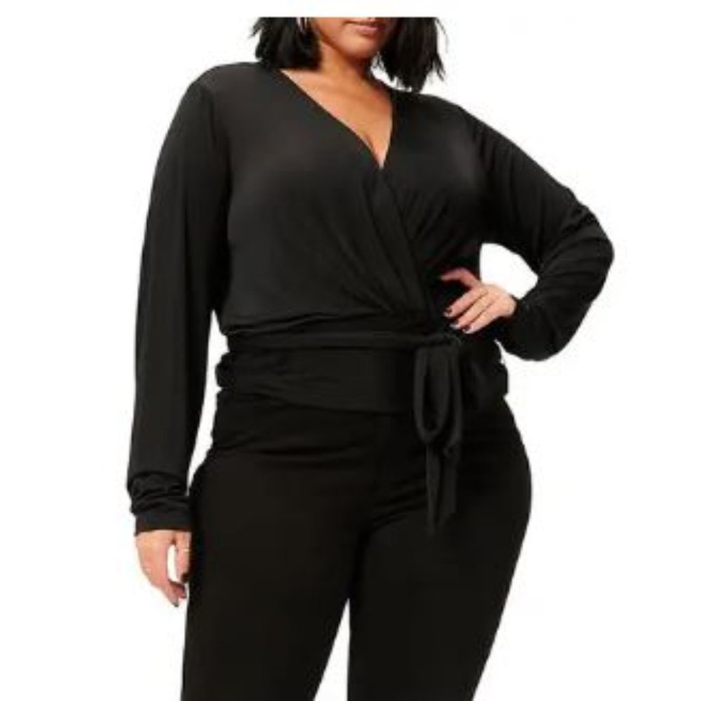 Good American Shimmer Wrap Top in Black Large Long Sleeve Blouse